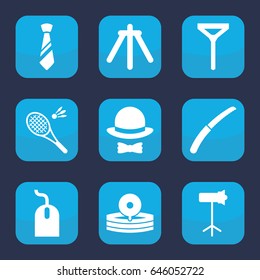Professional icon. set of 9 filled professional icons such as tie, mouse, gardening knife, medical reflector, camera tripod, studio lapm, hat and bow