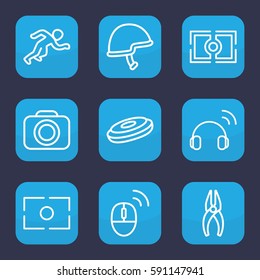 professional icon. Set of 9 outline professional icons such as nippers, helmet, camera, camera focus, computer mouse, headset, running