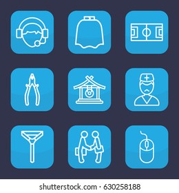 Professional Icon. Set Of 9 Outline Professional Icons Such As Gong, Hairdresser Peignoir, Tie, Mouse, Pliers, Operator, Doctor, Businessman Shaking Hands