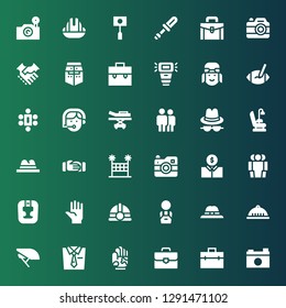 professional icon set. Collection of 36 filled professional icons included Camera, Briefcase, Hand, Tie, Helmet, Hat, Worker, Headgear, Cooperation, Economist, Volleyball net