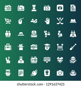professional icon set. Collection of 36 filled professional icons included Helmet, Camera, Headgear, Dentist mask, Record player, Bellboy, Bodyguard, Handshake, Lectern, Dentist chair