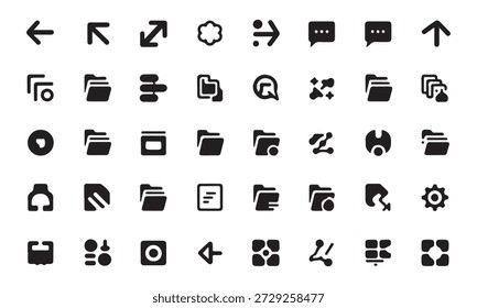 Conjunto de iconos de Profesional para comunicación, Configuraciones, notificaciones y acciones de interfaz.