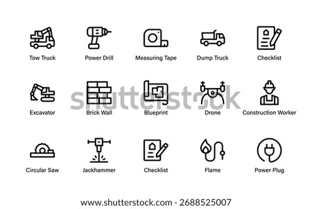 A professional icon set featuring heavy construction tools like excavator, jackhammer, dump truck, blueprint, and worker equipment for builders.
