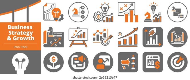 A professional icon set featuring marketing, business strategy, growth, and finance concepts designed in a clean thin-line style for UI and web use.
