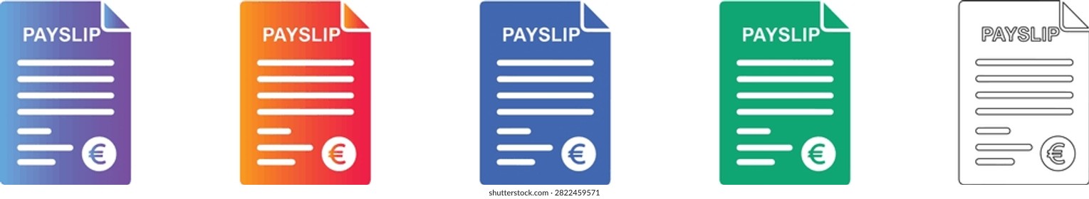 A professional icon set of payslip documents featuring the Euro currency symbol. These icons are suitable for payroll, accounting, and financial software interfaces, provided in gradient and line art styles.