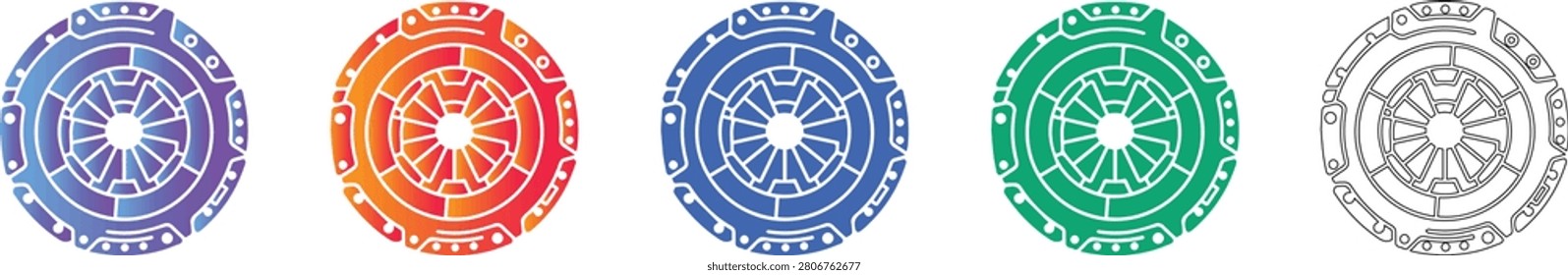 A professional icon set representing a clutch mechanism, designed for automotive and mechanical contexts. These icons illustrate the intricate details of vehicle drive systems and are perfect for technical documentation.