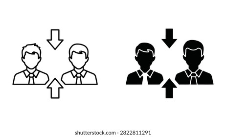 Professional icon set showing business people merging or joining forces in a corporate environment.