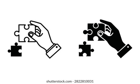 A professional icon set showing a hand connecting a puzzle piece, representing strategy and problem solving.