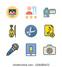 professional icon set. vector set about microphone, scissors, camcorder and photo camera icons set.