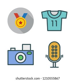 professional icon set. vector set about photo camera, soccer jersey, medal and microphone icons set.