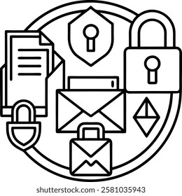 A professional icon-logo set featuring symbols for email, locked folders, file uploads, and downloads. Perfect for apps, websites, or software requiring secure file management