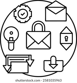 A professional icon-logo set featuring symbols for email, locked folders, file uploads, and downloads. Perfect for apps, websites, or software requiring secure file management