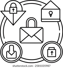 A professional icon-logo set featuring symbols for email, locked folders, file uploads, and downloads. Perfect for apps, websites, or software requiring secure file management