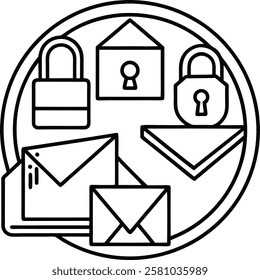 A professional icon-logo set featuring symbols for email, locked folders, file uploads, and downloads. Perfect for apps, websites, or software requiring secure file management