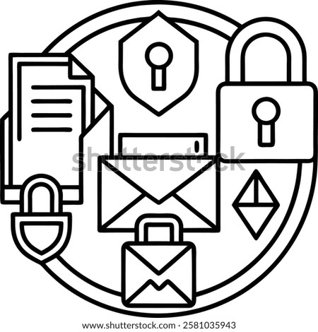 A professional icon-logo set featuring symbols for email, locked folders, file uploads, and downloads. Perfect for apps, websites, or software requiring secure file management