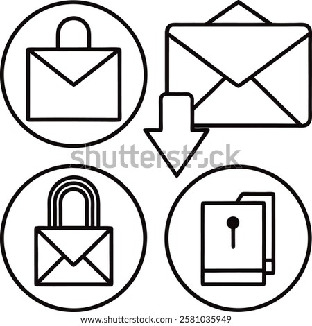 A professional icon-logo set featuring symbols for email, locked folders, file uploads, and downloads. Perfect for apps, websites, or software requiring secure file management