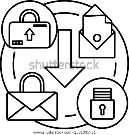 A professional icon-logo set featuring symbols for email, locked folders, file uploads, and downloads. Perfect for apps, websites, or software requiring secure file management