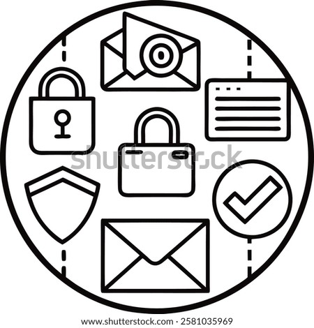 A professional icon-logo set featuring symbols for email, locked folders, file uploads, and downloads. Perfect for apps, websites, or software requiring secure file management