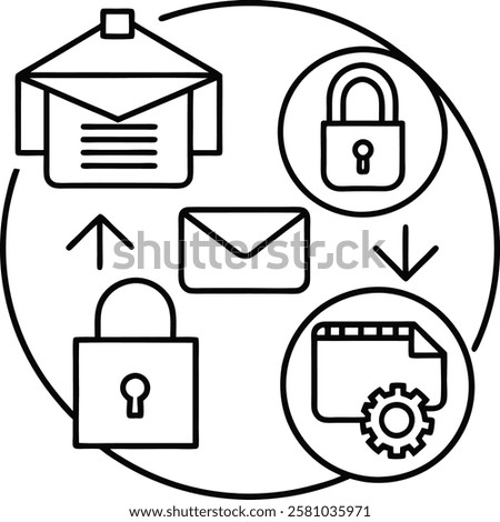 A professional icon-logo set featuring symbols for email, locked folders, file uploads, and downloads. Perfect for apps, websites, or software requiring secure file management