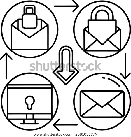 A professional icon-logo set featuring symbols for email, locked folders, file uploads, and downloads. Perfect for apps, websites, or software requiring secure file management