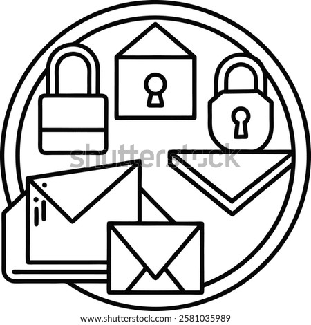 A professional icon-logo set featuring symbols for email, locked folders, file uploads, and downloads. Perfect for apps, websites, or software requiring secure file management