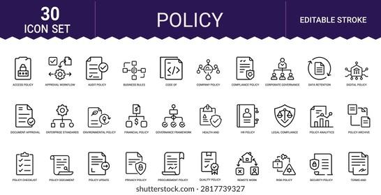 Professional icons for business rules audit privacy security and regulatory documentation tasks.