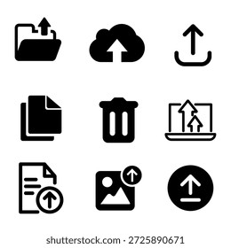 Iconos de Profesional para administración de archivos, carga en la nube, papelera y organización de documentos. Ideal para interfaces de sistema, software administrativo y aplicaciones de almacenamiento de datos.