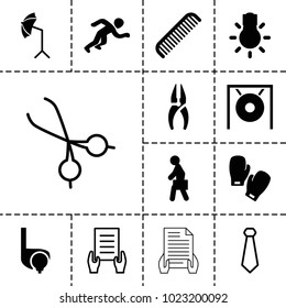 Professional icons. set of 13 editable filled and outline professional icons such as comb, nippers, man with case, studio umbrella, camera bulb, running, boxing gloves