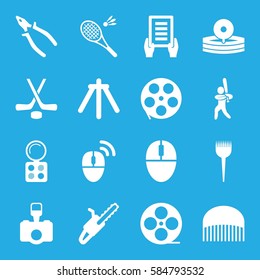 professional icons set. Set of 16 professional filled icons such as barber brush, comb, eyeshadow palette, holding document, pliers, chain saw, movie tape, medical reflector