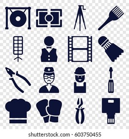Professional icons set. set of 16 professional filled icons such as coloring brush, worker, screwdriver, pliers, movie tape, doctor, gong, camera tripod, soft box
