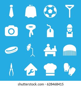 Professional icons set. set of 16 professional filled icons such as comb, hairdresser peignoir, tie, mouse, table, worker, pliers, camera, studio umbrella, home repair