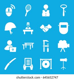 Professional icons set. set of 16 professional filled icons such as tie, holding document, man with laptop, chainsaw, welder mask, gardening knife, helmet, doctor, gong