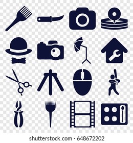 Professional icons set. set of 16 professional filled icons such as barber brush, eyeshadow palette, coloring brush, pliers, gardening knife, movie tape, medical scissors