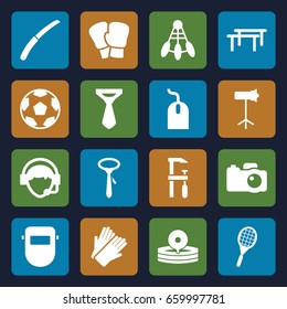 Professional icons set. set of 16 professional filled icons such as gloves, tie, mouse, chainsaw, welder mask, gardening knife, operator, medical reflector, camera