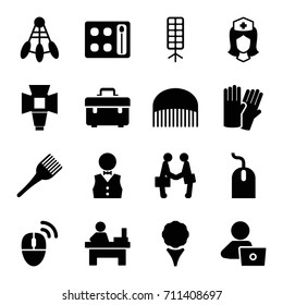 Professional icons set. set of 16 professional filled icons such as comb, glove, eyeshadow palette, coloring brush, mouse, table, man with laptop, toolbox, nurse