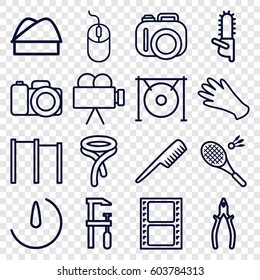 Professional icons set. set of 16 professional outline icons such as comb, gloves, tie, mouse, pliers, chainsaw, movie tape, gong, camera, stopwatch camera, chef hat