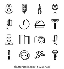 Professional icons set. set of 16 professional outline icons such as tie, screwdriver, pliers, chainsaw, nurse, operator, doctor, camera, soft box, stopwatch camera, chef hat