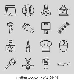 Professional icons set. set of 16 professional outline icons such as gong, comb, coloring brush, gloves, tie, pliers, gardening knife, camera, soft box, chef hat, hockey
