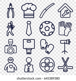 Professional icons set. set of 16 professional outline icons such as glove, pliers, gardening knife, movie tape, doctor with medical reflector, camera, studio lapm