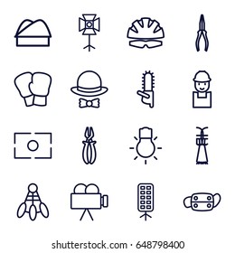 Professional icons set. set of 16 professional outline icons such as worker, pliers, chainsaw, medical mask, soft box, camera focus, camera bulb, camera, chef hat, hat and bow
