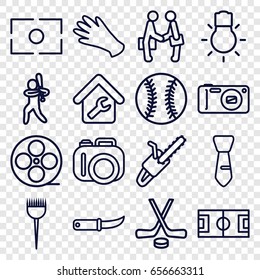 Professional icons set. set of 16 professional outline icons such as barber brush, gloves, tie, gardening knife, chain saw, movie tape, businessman shaking hands, camera