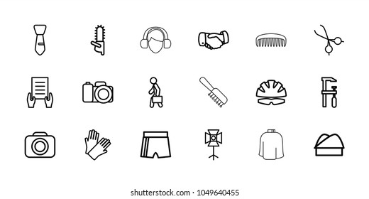 Professional icons. set of 18 editable outline professional icons: gloves, handshake, tie, holding document, chainsaw, sport shorts, medical scissors, man with case, camera