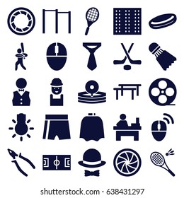 Professional icons set. set of 25 professional filled icons such as field, hairdresser peignoir, tie, table, worker, pliers, movie tape, medical reflector, mouse