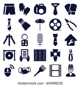Professional icons set. set of 25 professional filled icons such as field, eyeshadow palette, coloring brush, tie, handshake, holding document, pliers, movie tape, doctor
