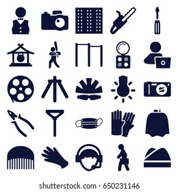 Professional icons set. set of 25 professional filled icons such as field, gong, comb, glove, hairdresser peignoir, eyeshadow palette, gloves, tie, man with laptop