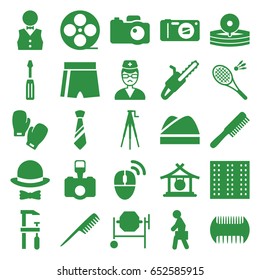 Professional icons set. set of 25 professional filled icons such as field, gong, comb, screwdriver, concrete mixer, chainsaw, chain saw, movie tape, doctor, medical reflector