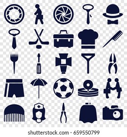 Professional icons set. set of 25 professional filled icons such as comb, barber brush, hairdresser peignoir, tie, toolbox, nippers, screwdriver, pliers, nurse