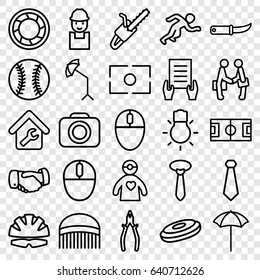 Professional icons set. set of 25 professional outline icons such as comb, tie, handshake, holding document, worker, pliers, gardening knife, chain saw