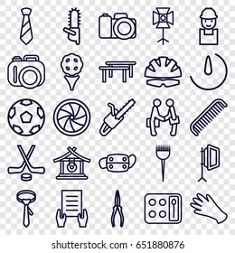 Professional icons set. set of 25 professional outline icons such as gong, comb, barber brush, eyeshadow palette, gloves, tie, holding document, worker, pliers, chainsaw