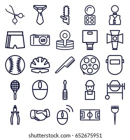 Professional icons set. set of 25 professional outline icons such as comb, barber brush, eyeshadow palette, tie, handshake, worker, screwdriver, concrete mixer, pliers